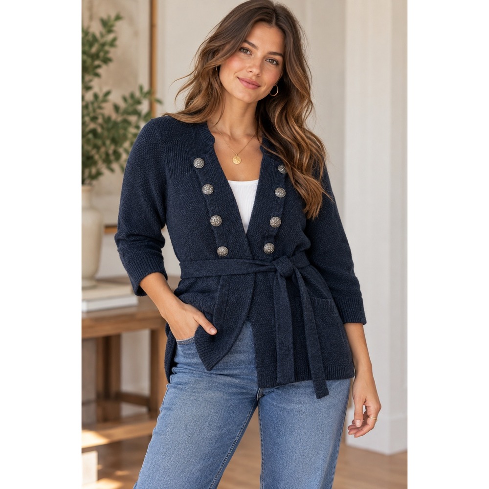 Apt 9 Cardigan Sweater Womens XL Navy Blue Cotton Blend Military Belted Crest